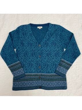 Novica Artisan Alpaca Blend Knit Cardigan Sweater Teal Geometric Pattern XL